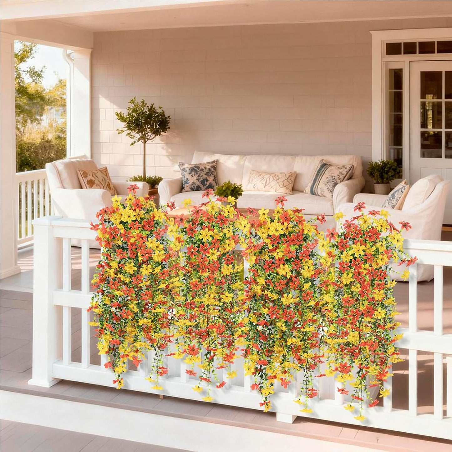 INQCMY Artificial Fake Hanging Flowers Plants for Outdoor Summer Decoration | 2 PCS Faux Silk Daisy with Eucalyptus Leaves,UV Resistant Look Real for Outside Home Planter Porch Patio Balcony Yard Decor