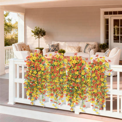INQCMY Artificial Fake Hanging Flowers Plants for Outdoor Summer Decoration | 2 PCS Faux Silk Daisy with Eucalyptus Leaves,UV Resistant Look Real for Outside Home Planter Porch Patio Balcony Yard Decor