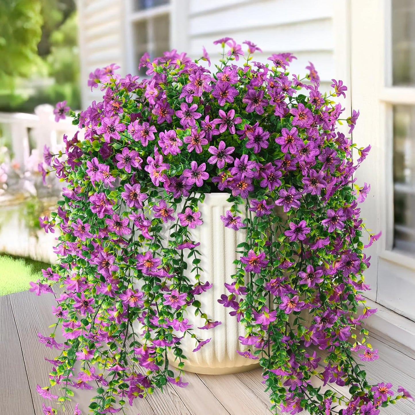 INQCMY Artificial Fake Hanging Flowers Plants for Outdoor Summer Decoration | 2 PCS Faux Silk Daisy with Eucalyptus Leaves,UV Resistant Look Real for Outside Home Planter Porch Patio Balcony Yard Decor