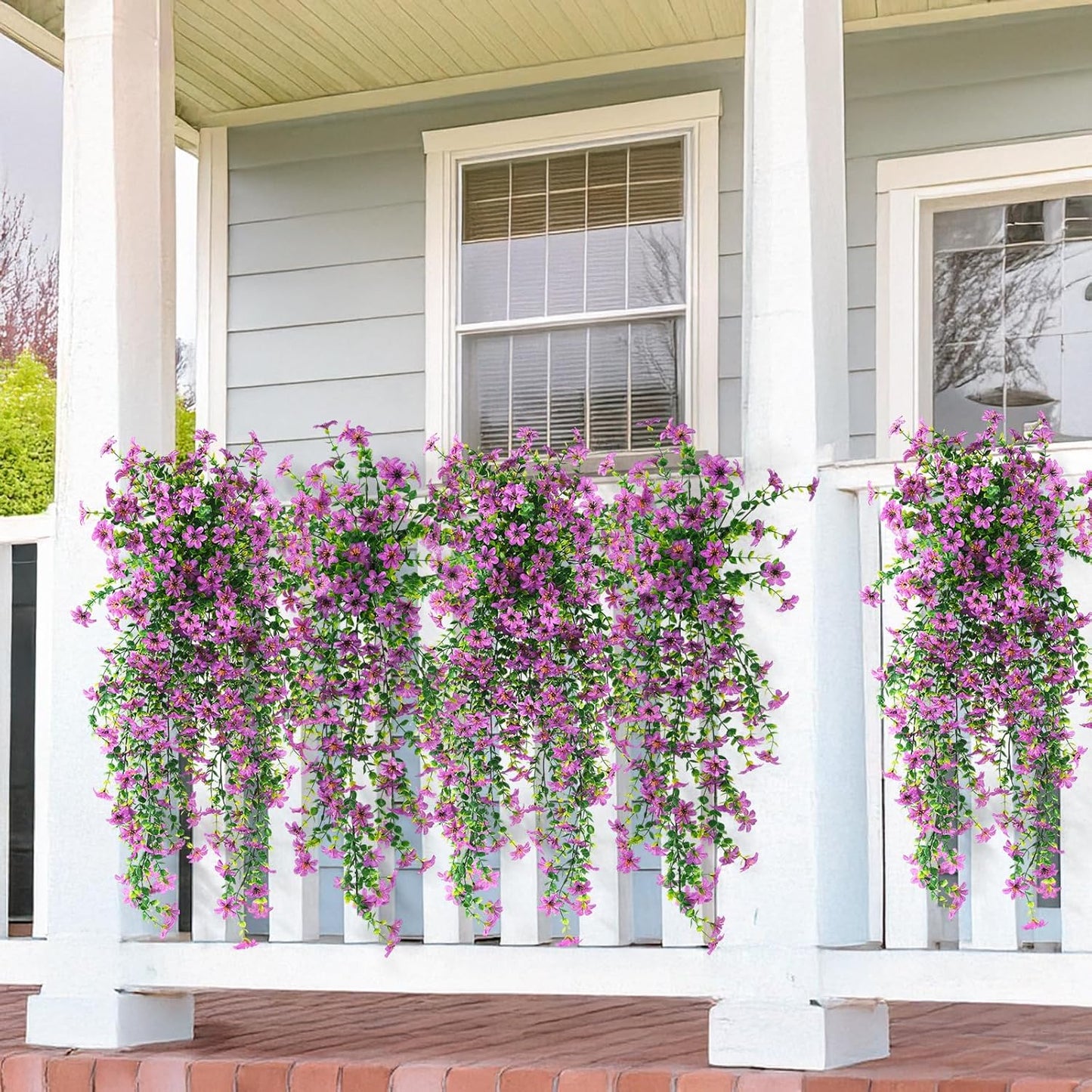 INQCMY Artificial Fake Hanging Flowers Plants for Outdoor Summer Decoration | 2 PCS Faux Silk Daisy with Eucalyptus Leaves,UV Resistant Look Real for Outside Home Planter Porch Patio Balcony Yard Decor