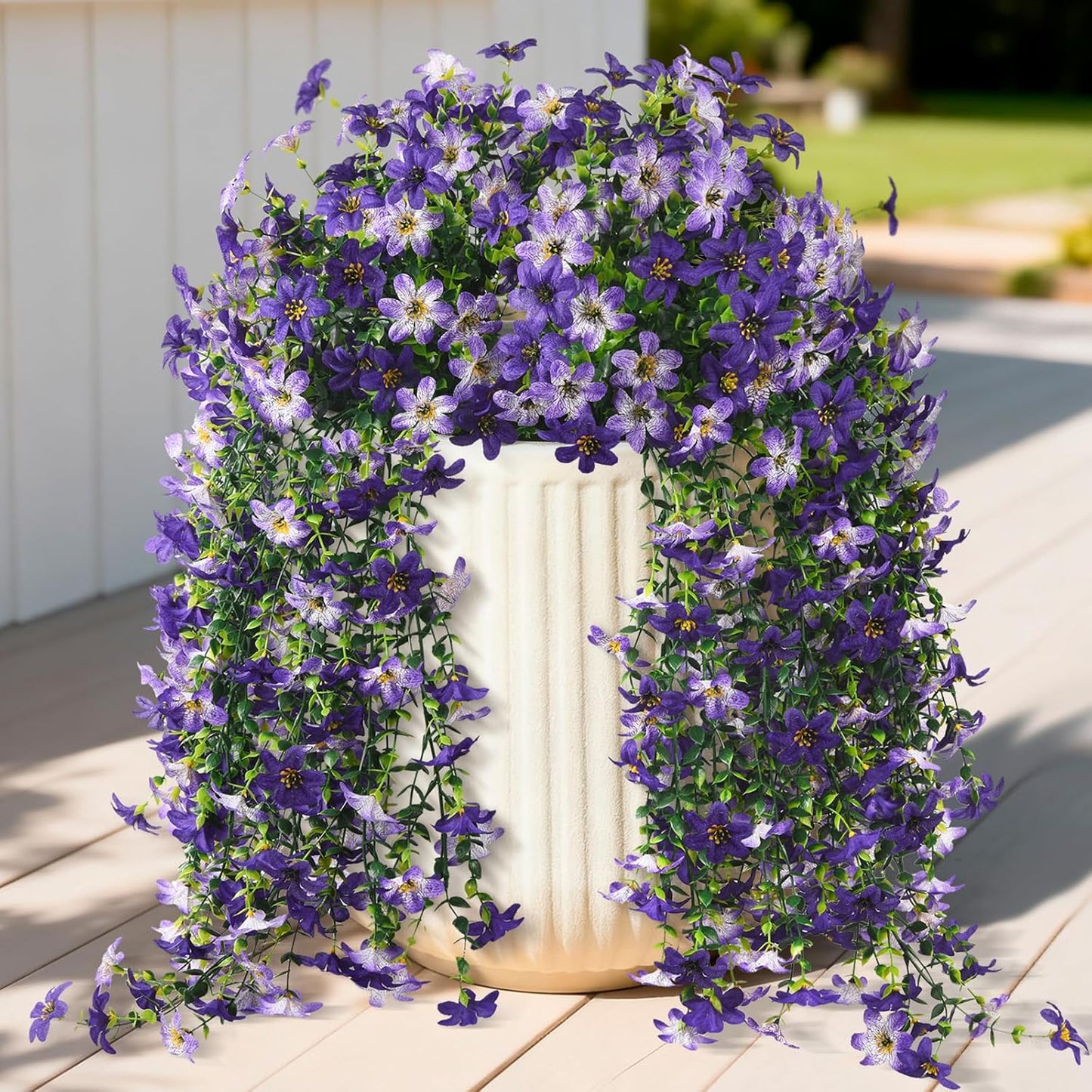 INQCMY Artificial Fake Hanging Flowers Plants for Outdoor Summer Decoration | 2 PCS Faux Silk Daisy with Eucalyptus Leaves,UV Resistant Look Real for Outside Home Planter Porch Patio Balcony Yard Decor