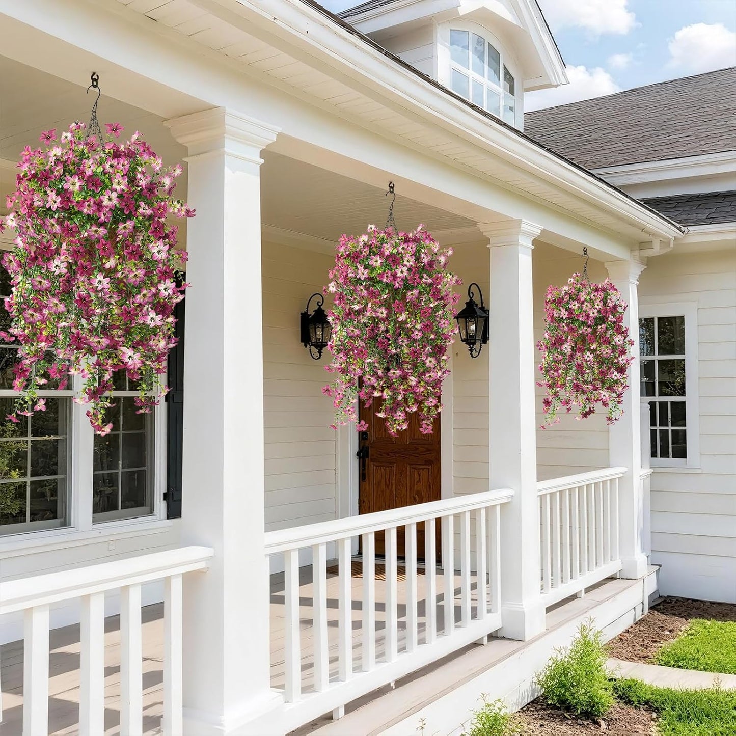 INQCMY Artificial Fake Hanging Flowers Plants for Outdoor Summer Decoration | 2 PCS Faux Silk Daisy with Eucalyptus Leaves,UV Resistant Look Real for Outside Home Planter Porch Patio Balcony Yard Decor