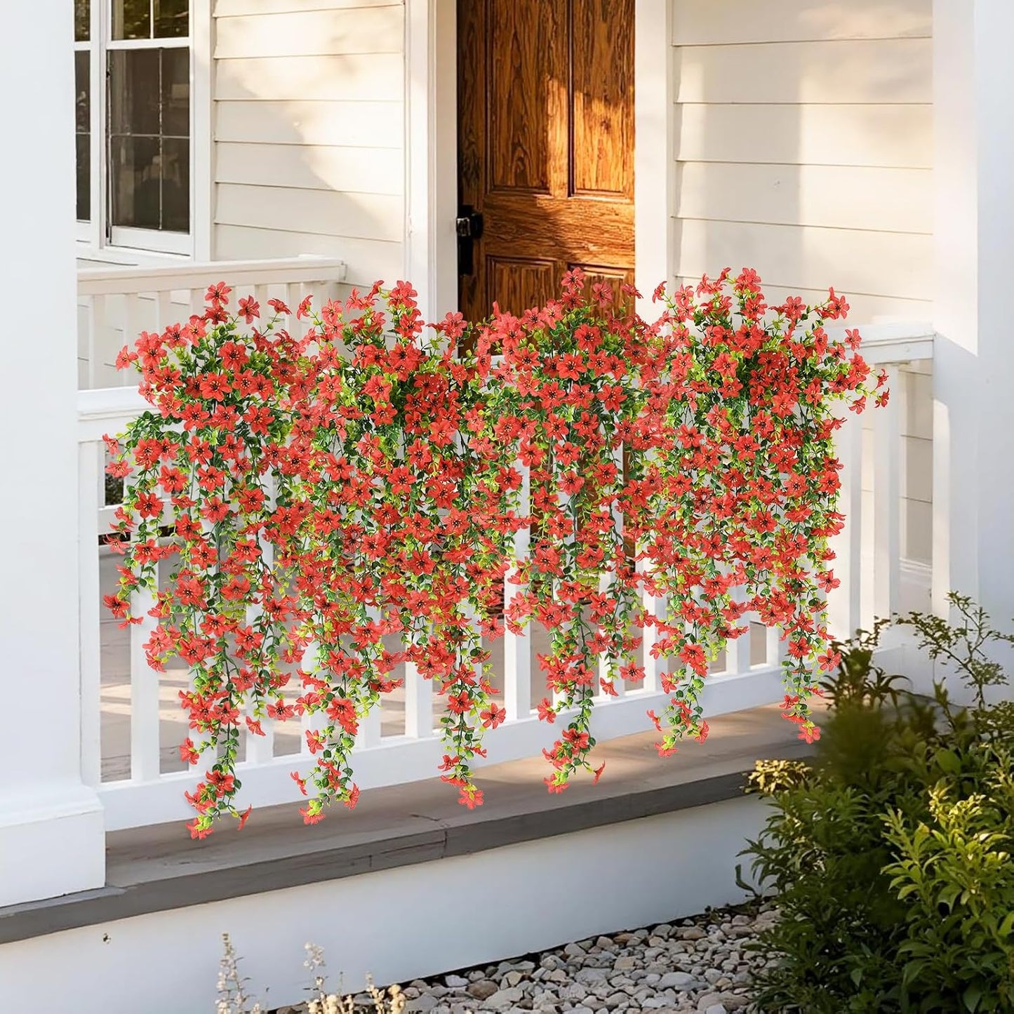 INQCMY Artificial Fake Hanging Flowers Plants for Outdoor Summer Decoration | 2 PCS Faux Silk Daisy with Eucalyptus Leaves,UV Resistant Look Real for Outside Home Planter Porch Patio Balcony Yard Decor