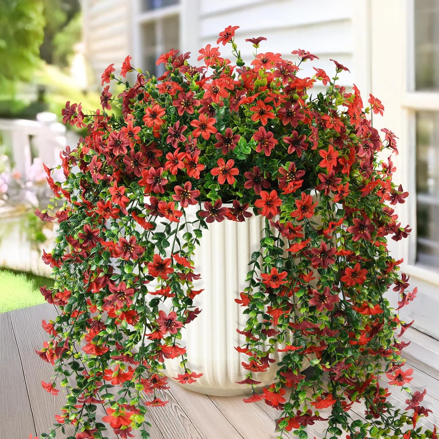 INQCMY Artificial Fake Hanging Flowers Plants for Outdoor Summer Decoration | 2 PCS Faux Silk Daisy with Eucalyptus Leaves,UV Resistant Look Real for Outside Home Planter Porch Patio Balcony Yard Decor