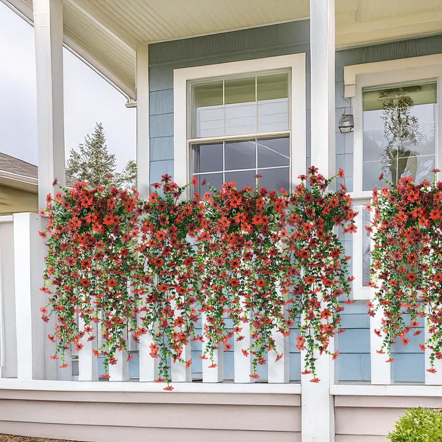 INQCMY Artificial Fake Hanging Flowers Plants for Outdoor Summer Decoration | 2 PCS Faux Silk Daisy with Eucalyptus Leaves,UV Resistant Look Real for Outside Home Planter Porch Patio Balcony Yard Decor