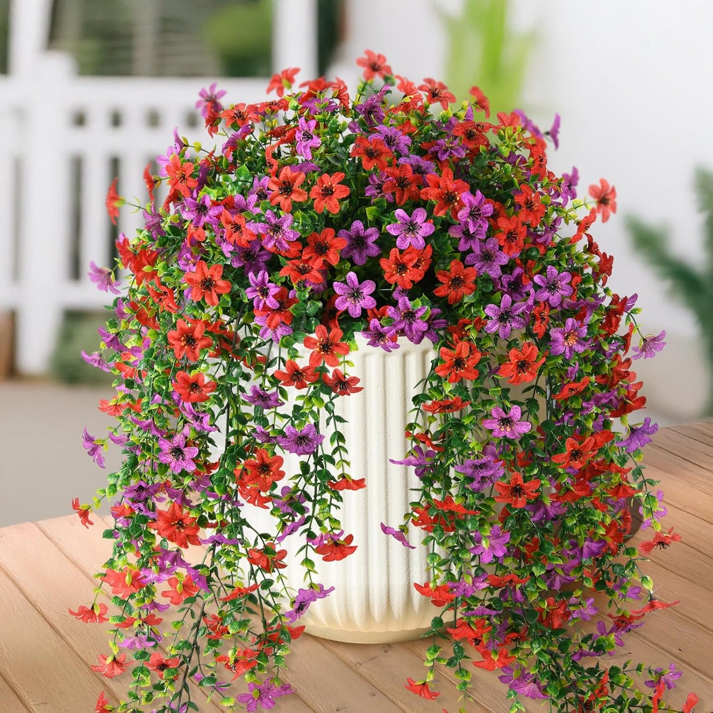 INQCMY Artificial Fake Hanging Flowers Plants for Outdoor Summer Decoration | 2 PCS Faux Silk Daisy with Eucalyptus Leaves,UV Resistant Look Real for Outside Home Planter Porch Patio Balcony Yard Decor
