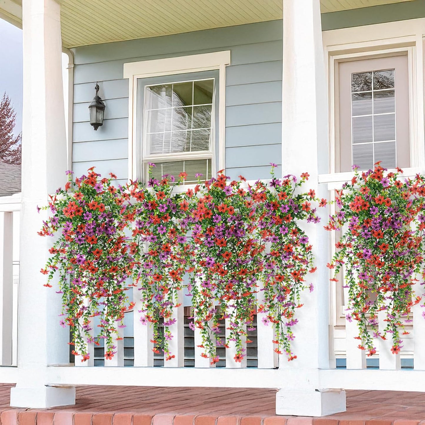 INQCMY Artificial Fake Hanging Flowers Plants for Outdoor Summer Decoration | 2 PCS Faux Silk Daisy with Eucalyptus Leaves,UV Resistant Look Real for Outside Home Planter Porch Patio Balcony Yard Decor