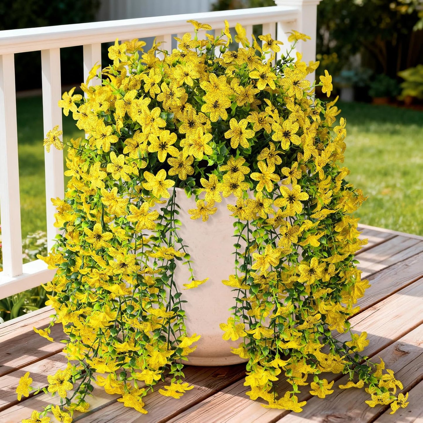 INQCMY Artificial Fake Hanging Flowers Plants for Outdoor Summer Decoration | 2 PCS Faux Silk Daisy with Eucalyptus Leaves,UV Resistant Look Real for Outside Home Planter Porch Patio Balcony Yard Decor