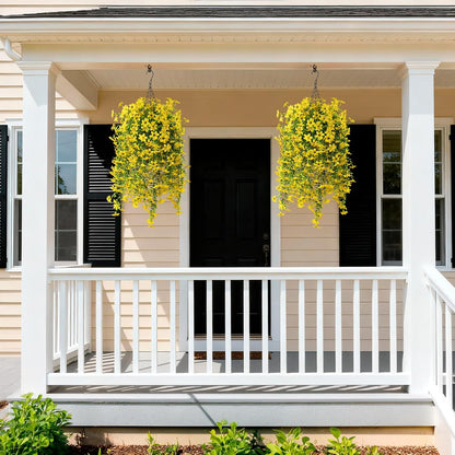 INQCMY Artificial Fake Hanging Flowers Plants for Outdoor Summer Decoration | 2 PCS Faux Silk Daisy with Eucalyptus Leaves,UV Resistant Look Real for Outside Home Planter Porch Patio Balcony Yard Decor