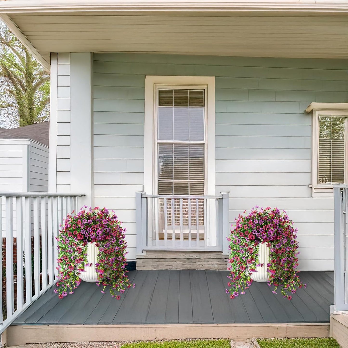 INQCMY Artificial Fake Hanging Flowers Plants for Outdoor Summer Decoration | 2 PCS Faux Silk Daisy with Eucalyptus Leaves,UV Resistant Look Real for Outside Home Planter Porch Patio Balcony Yard Decor