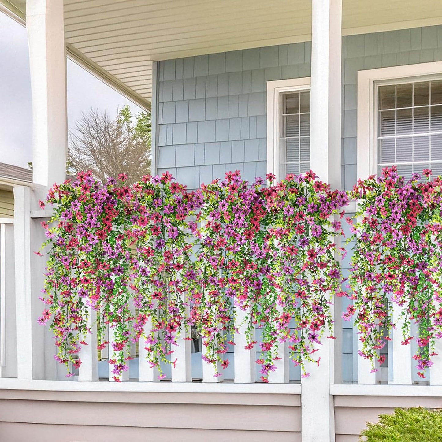 INQCMY Artificial Fake Hanging Flowers Plants for Outdoor Summer Decoration | 2 PCS Faux Silk Daisy with Eucalyptus Leaves,UV Resistant Look Real for Outside Home Planter Porch Patio Balcony Yard Decor