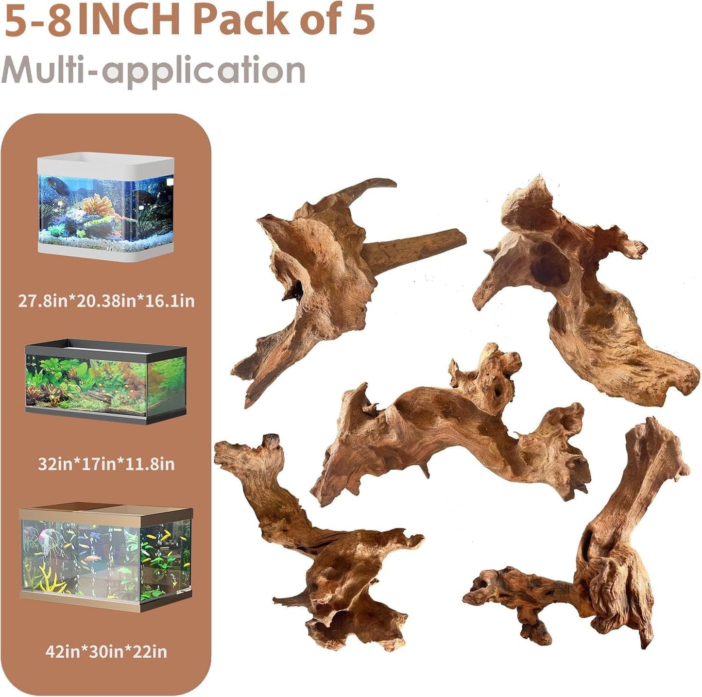 Natural Large Aquarium Driftwood for Fish Tanks & Reptile Terrariums – 100% Safe Fish Tank Decorations, 2-Piece 10-14 Inch Unique Twisted Branches Low Tannin, Easy to Sink