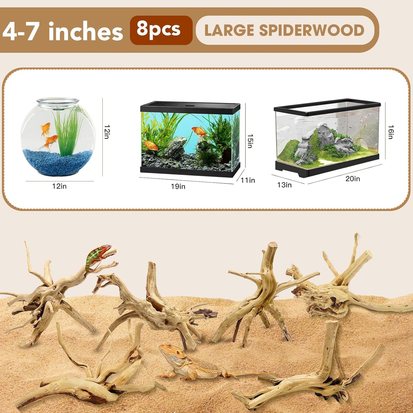 Natural Large Aquarium Driftwood for Fish Tanks & Reptile Terrariums – 100% Safe Fish Tank Decorations, 2-Piece 10-14 Inch Unique Twisted Branches Low Tannin, Easy to Sink