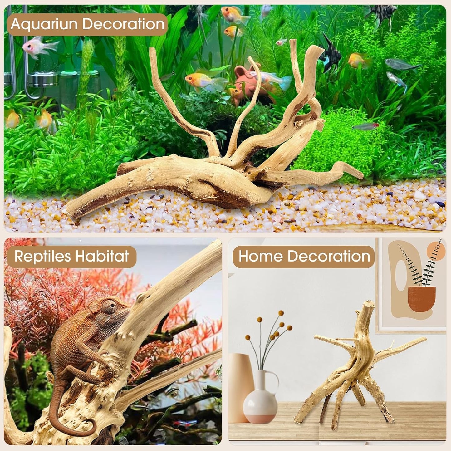 Natural Large Aquarium Driftwood for Fish Tanks & Reptile Terrariums – 100% Safe Fish Tank Decorations, 2-Piece 10-14 Inch Unique Twisted Branches Low Tannin, Easy to Sink