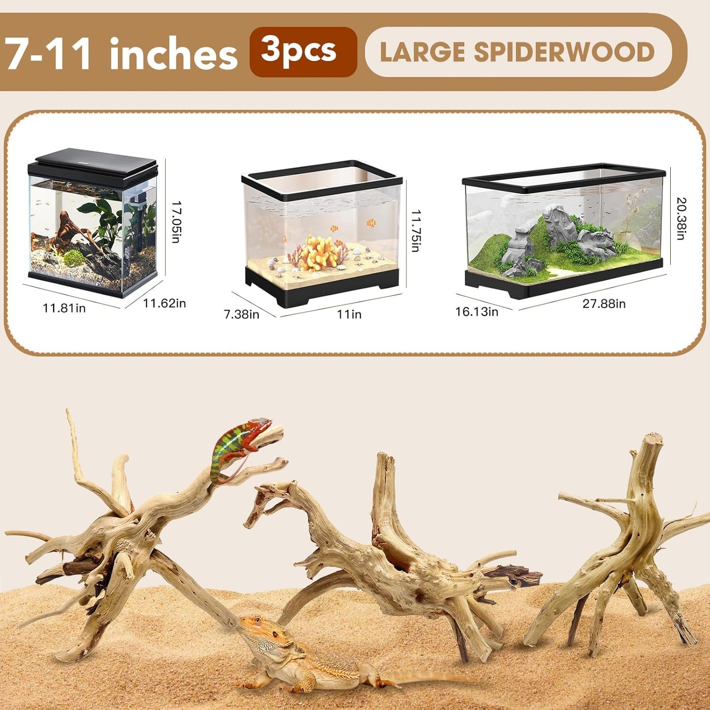 Natural Large Aquarium Driftwood for Fish Tanks & Reptile Terrariums – 100% Safe Fish Tank Decorations, 2-Piece 10-14 Inch Unique Twisted Branches Low Tannin, Easy to Sink