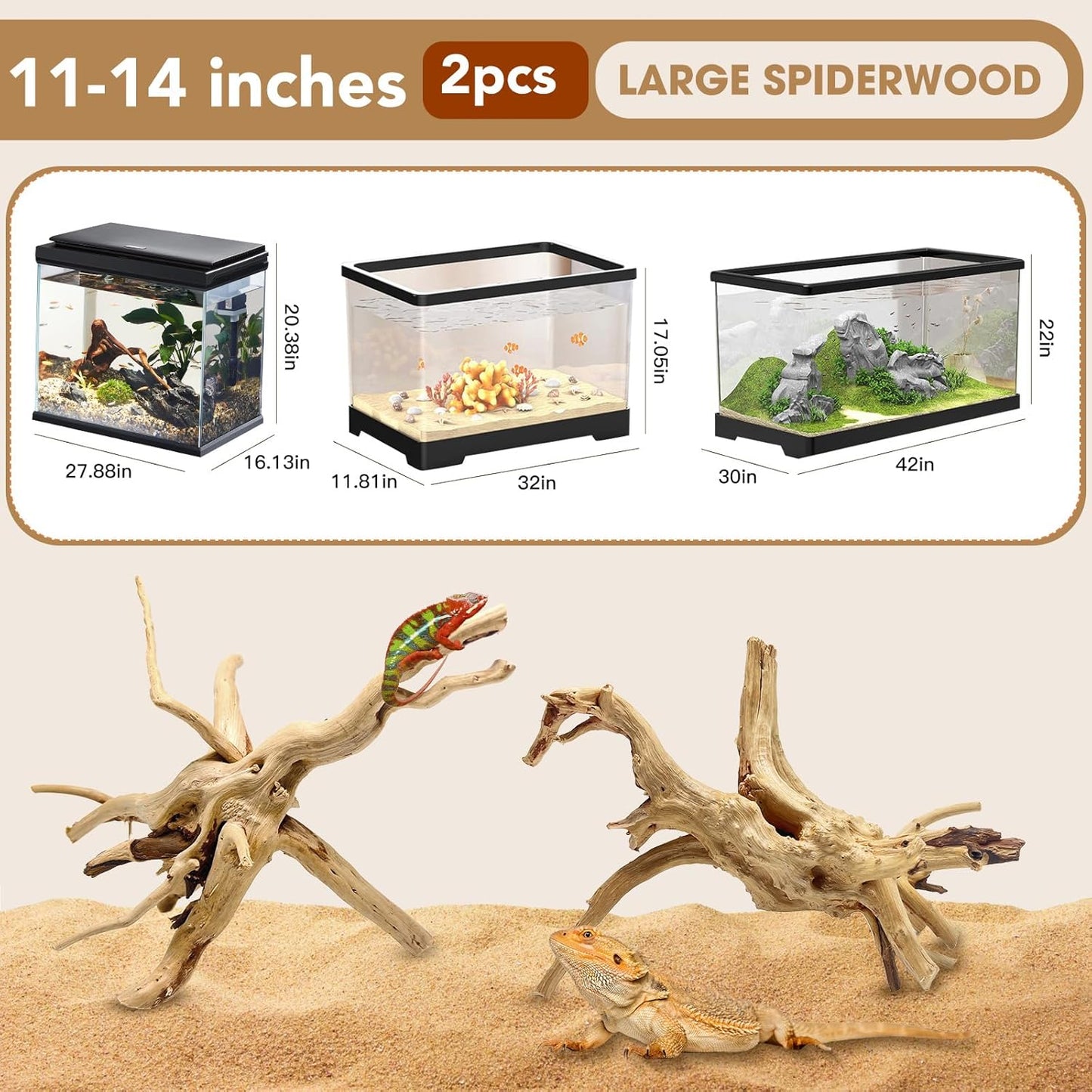 Natural Large Aquarium Driftwood for Fish Tanks & Reptile Terrariums – 100% Safe Fish Tank Decorations, 2-Piece 10-14 Inch Unique Twisted Branches Low Tannin, Easy to Sink