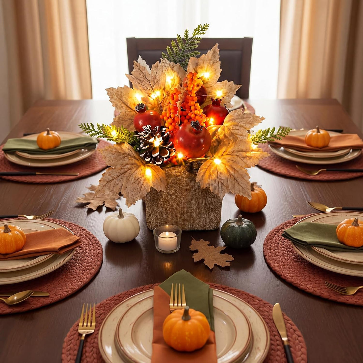 2 Pack Fall Table Centerpiece with LED Lights, Pomegranates Tree