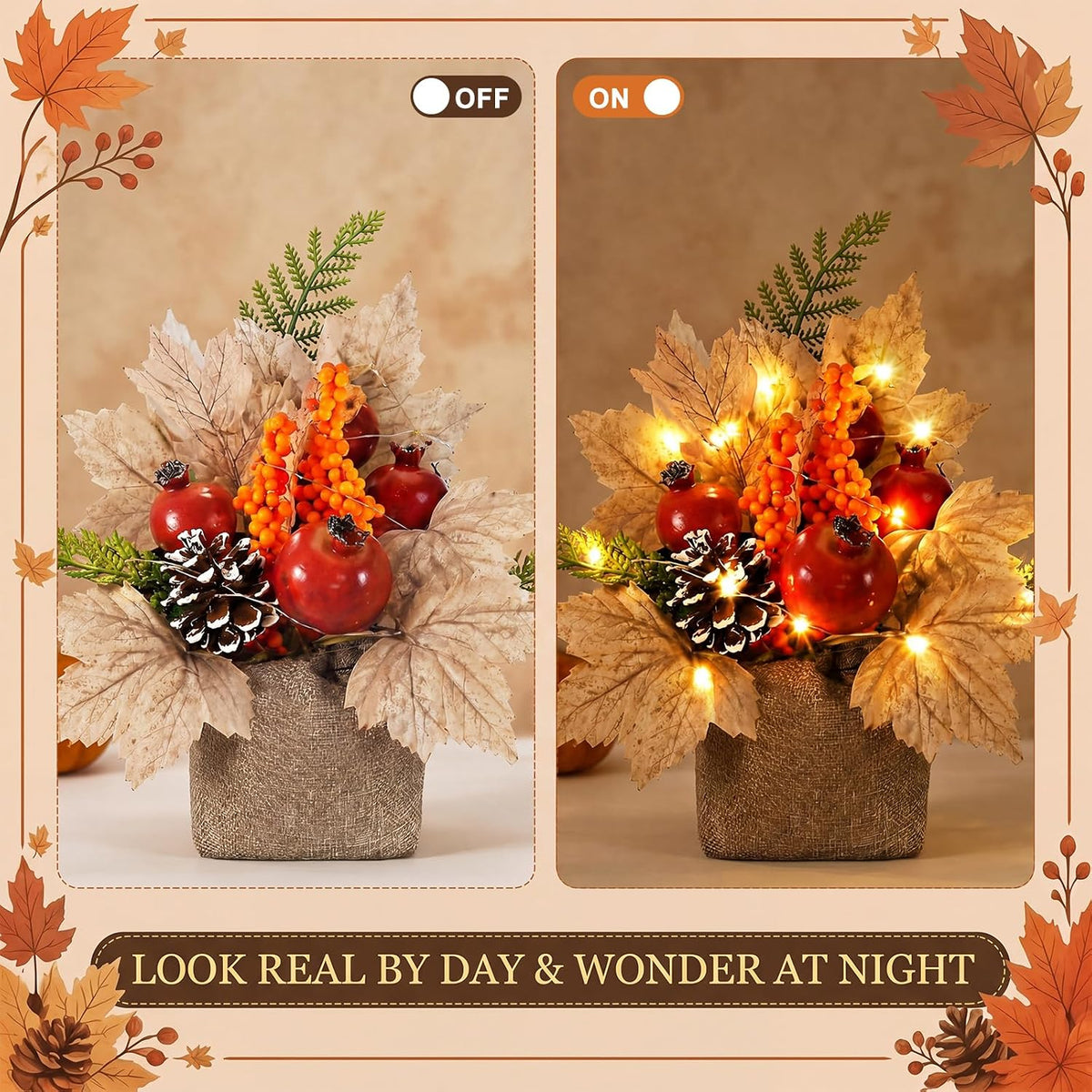2 Pack Fall Table Centerpiece with LED Lights, Pomegranates Tree