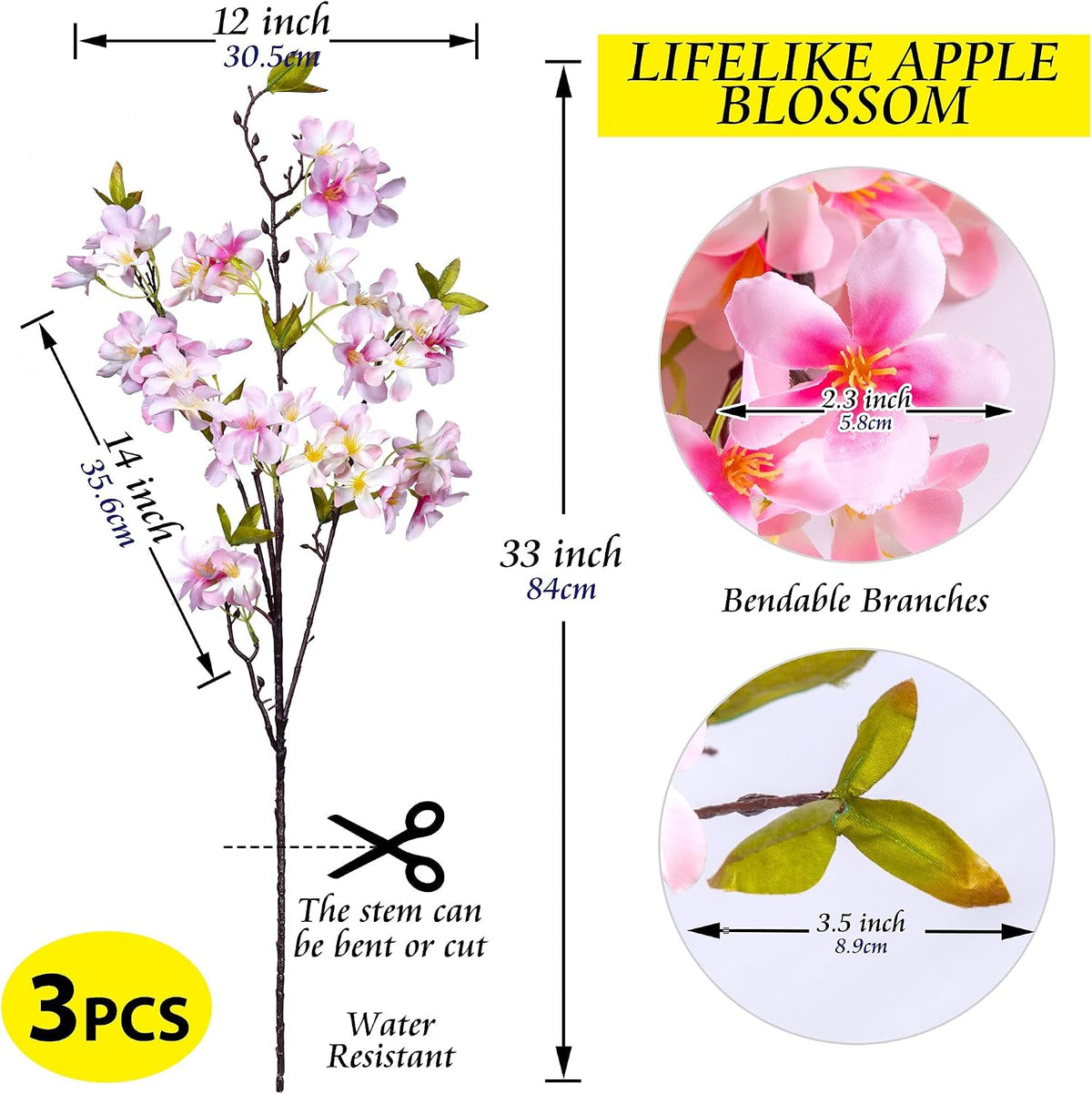 Artificial Apple Blossom Silk Flowers Tree Branches 33” Long Stems Faux Bouquet for Tall Vase Indoor Home Decor DIY Wedding Centerpiece Decoration, Bulk 3pcs (Pink)