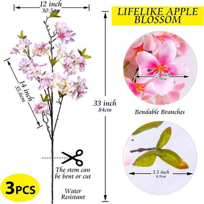 Artificial Apple Blossom Silk Flowers Tree Branches 33” Long Stems Faux Bouquet for Tall Vase Indoor Home Decor DIY Wedding Centerpiece Decoration, Bulk 3pcs (Pink)