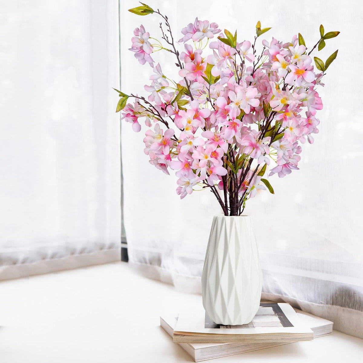 Artificial Apple Blossom Silk Flowers Tree Branches 33” Long Stems Faux Bouquet for Tall Vase Indoor Home Decor DIY Wedding Centerpiece Decoration, Bulk 3pcs (Pink)