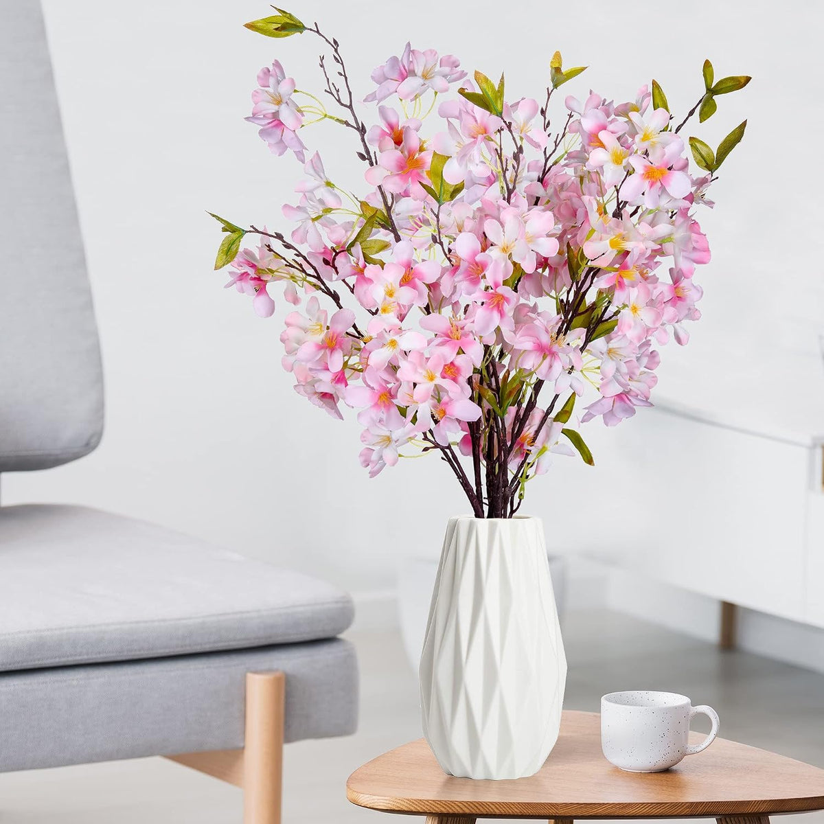 Artificial Apple Blossom Silk Flowers Tree Branches 33” Long Stems Faux Bouquet for Tall Vase Indoor Home Decor DIY Wedding Centerpiece Decoration, Bulk 3pcs (Pink)