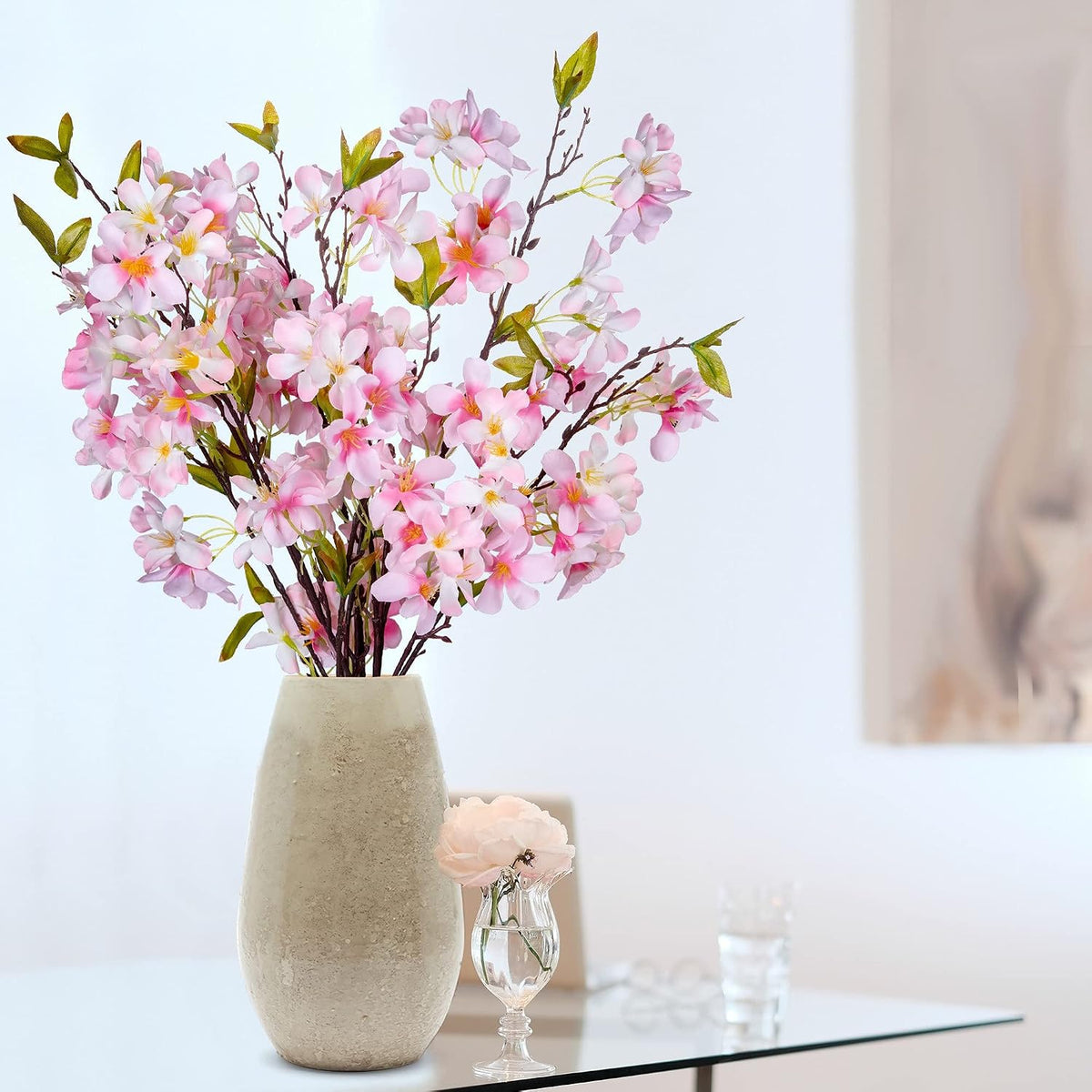 Artificial Apple Blossom Silk Flowers Tree Branches 33” Long Stems Faux Bouquet for Tall Vase Indoor Home Decor DIY Wedding Centerpiece Decoration, Bulk 3pcs (Pink)