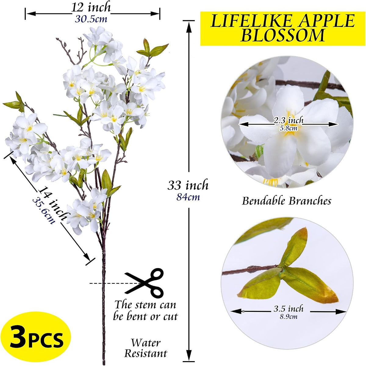 Artificial Apple Blossom Silk Flowers Tree Branches 33” Long Stems Faux Bouquet for Tall Vase Indoor Home Decor DIY Wedding Centerpiece Decoration, Bulk 3pcs (Pink)