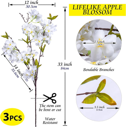 Artificial Apple Blossom Silk Flowers Tree Branches 33” Long Stems Faux Bouquet for Tall Vase Indoor Home Decor DIY Wedding Centerpiece Decoration, Bulk 3pcs (Pink)
