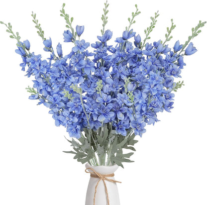 8PCS White Delphinium Artificial Flower Silk Larkspur Flowers 34.6'' Long Stem Plant Floral Silk Flowers Faux Bouquets for Tall Vase Floral Arrangements Floor Home Garden Outdoor Wedding Decor