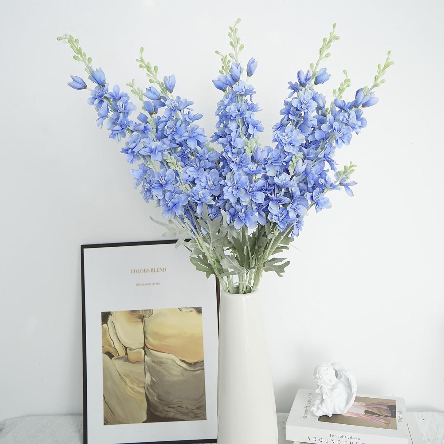 8PCS White Delphinium Artificial Flower Silk Larkspur Flowers 34.6'' Long Stem Plant Floral Silk Flowers Faux Bouquets for Tall Vase Floral Arrangements Floor Home Garden Outdoor Wedding Decor