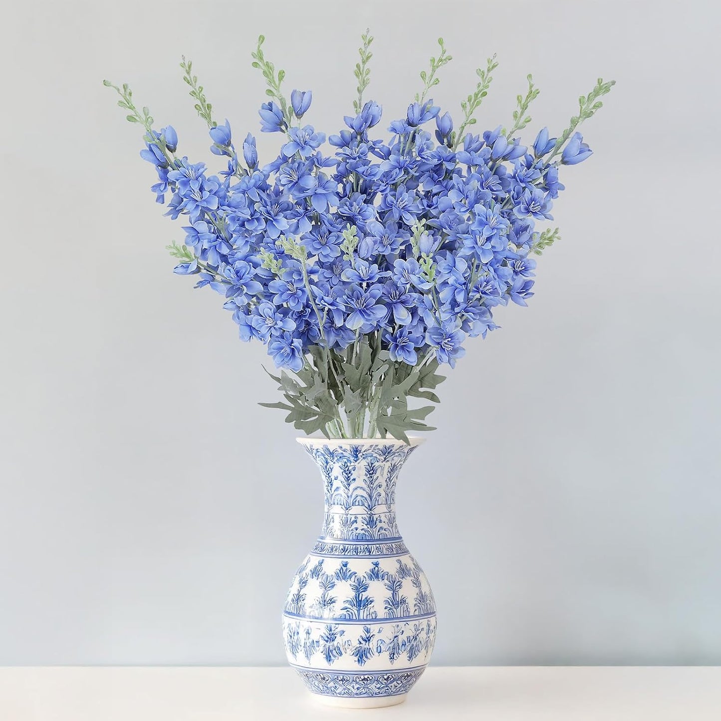 8PCS White Delphinium Artificial Flower Silk Larkspur Flowers 34.6'' Long Stem Plant Floral Silk Flowers Faux Bouquets for Tall Vase Floral Arrangements Floor Home Garden Outdoor Wedding Decor