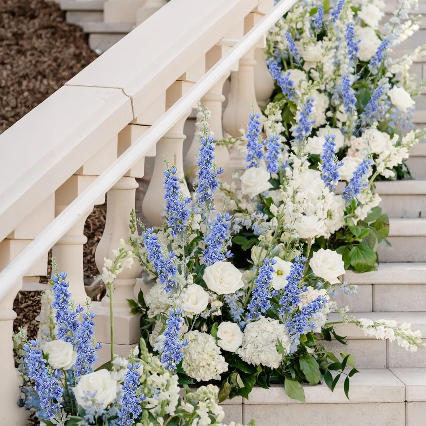 8PCS White Delphinium Artificial Flower Silk Larkspur Flowers 34.6'' Long Stem Plant Floral Silk Flowers Faux Bouquets for Tall Vase Floral Arrangements Floor Home Garden Outdoor Wedding Decor