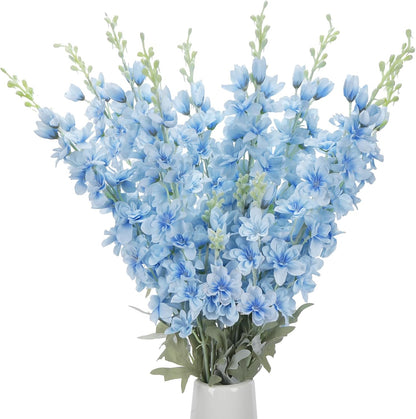 8PCS White Delphinium Artificial Flower Silk Larkspur Flowers 34.6'' Long Stem Plant Floral Silk Flowers Faux Bouquets for Tall Vase Floral Arrangements Floor Home Garden Outdoor Wedding Decor