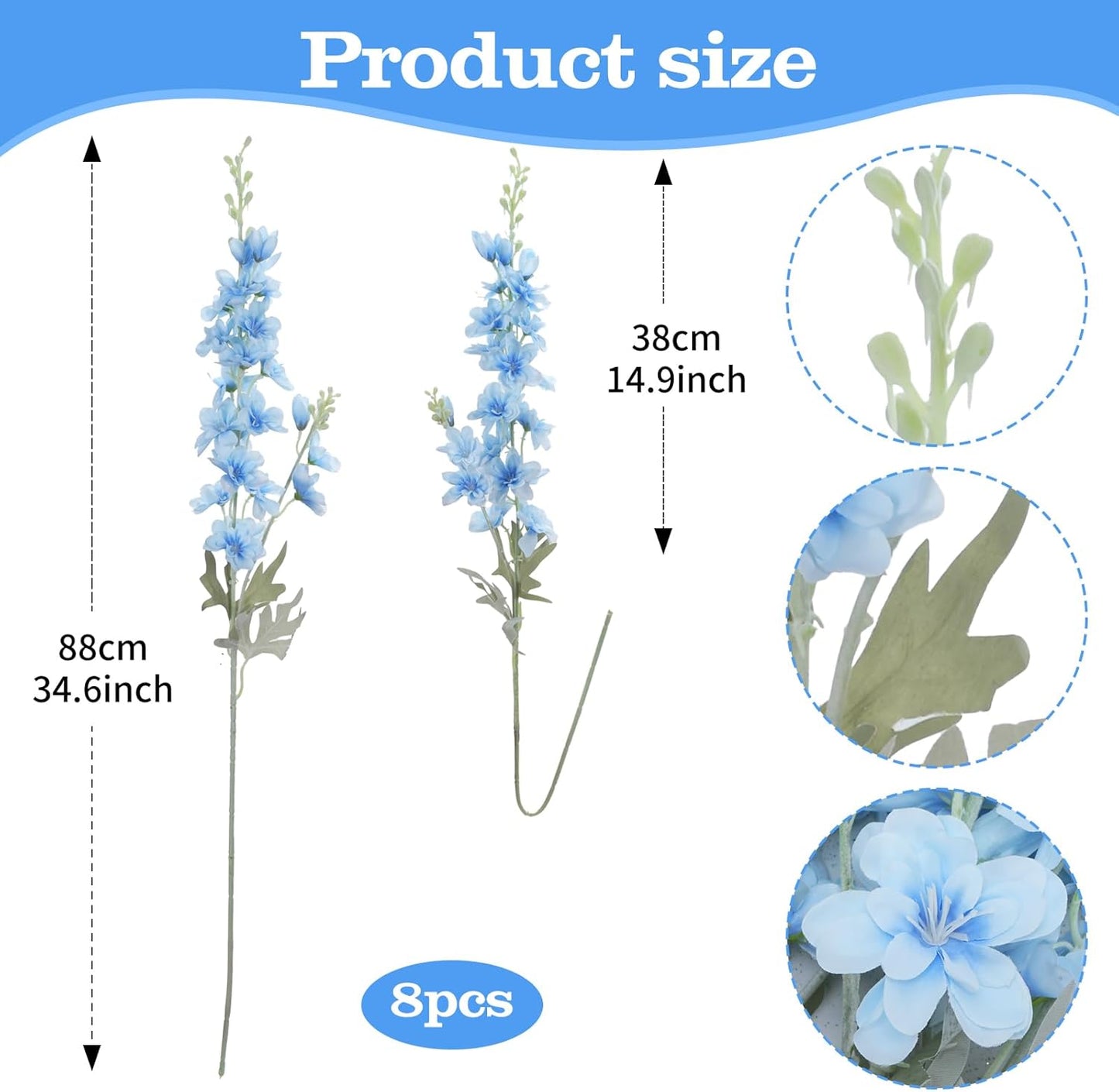 8PCS White Delphinium Artificial Flower Silk Larkspur Flowers 34.6'' Long Stem Plant Floral Silk Flowers Faux Bouquets for Tall Vase Floral Arrangements Floor Home Garden Outdoor Wedding Decor