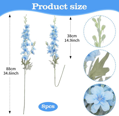 8PCS White Delphinium Artificial Flower Silk Larkspur Flowers 34.6'' Long Stem Plant Floral Silk Flowers Faux Bouquets for Tall Vase Floral Arrangements Floor Home Garden Outdoor Wedding Decor