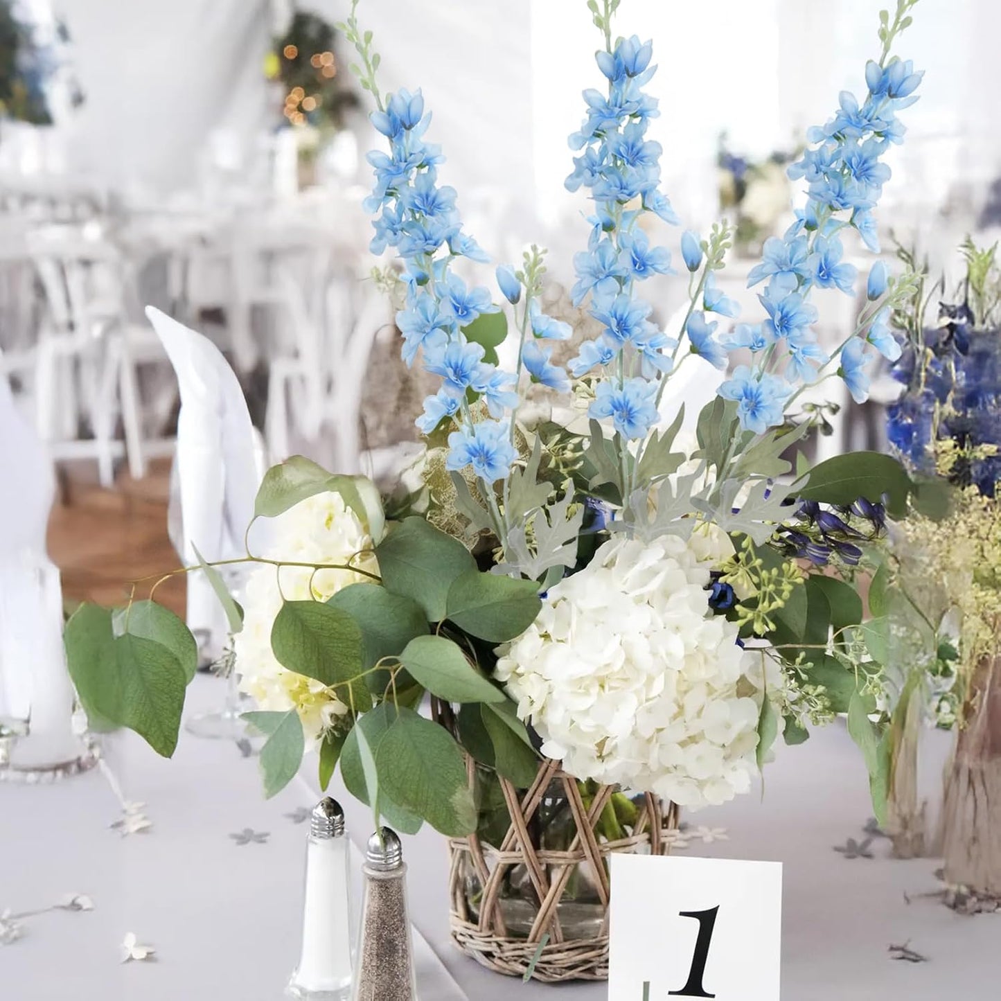 8PCS White Delphinium Artificial Flower Silk Larkspur Flowers 34.6'' Long Stem Plant Floral Silk Flowers Faux Bouquets for Tall Vase Floral Arrangements Floor Home Garden Outdoor Wedding Decor