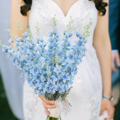 8PCS White Delphinium Artificial Flower Silk Larkspur Flowers 34.6'' Long Stem Plant Floral Silk Flowers Faux Bouquets for Tall Vase Floral Arrangements Floor Home Garden Outdoor Wedding Decor