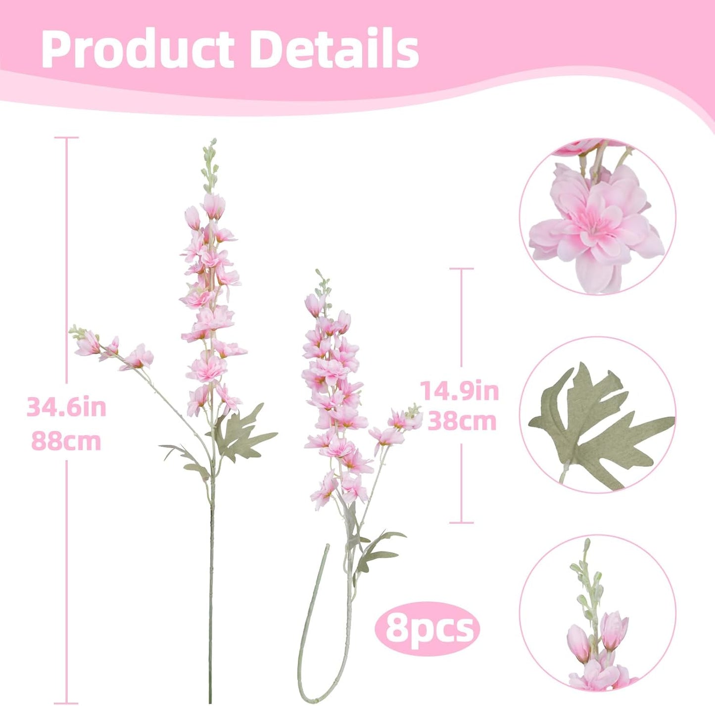 8PCS White Delphinium Artificial Flower Silk Larkspur Flowers 34.6'' Long Stem Plant Floral Silk Flowers Faux Bouquets for Tall Vase Floral Arrangements Floor Home Garden Outdoor Wedding Decor
