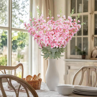 8PCS White Delphinium Artificial Flower Silk Larkspur Flowers 34.6'' Long Stem Plant Floral Silk Flowers Faux Bouquets for Tall Vase Floral Arrangements Floor Home Garden Outdoor Wedding Decor