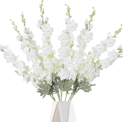 8PCS White Delphinium Artificial Flower Silk Larkspur Flowers 34.6'' Long Stem Plant Floral Silk Flowers Faux Bouquets for Tall Vase Floral Arrangements Floor Home Garden Outdoor Wedding Decor