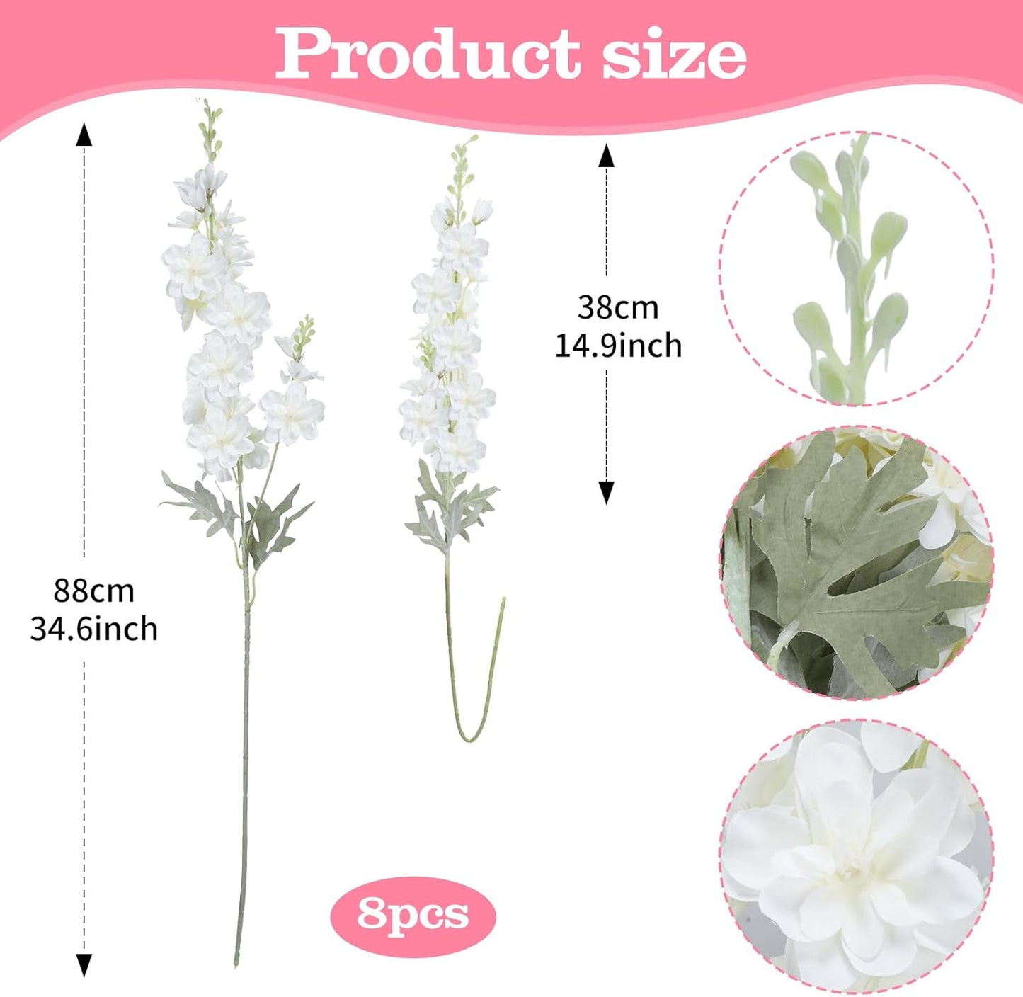 8PCS White Delphinium Artificial Flower Silk Larkspur Flowers 34.6'' Long Stem Plant Floral Silk Flowers Faux Bouquets for Tall Vase Floral Arrangements Floor Home Garden Outdoor Wedding Decor