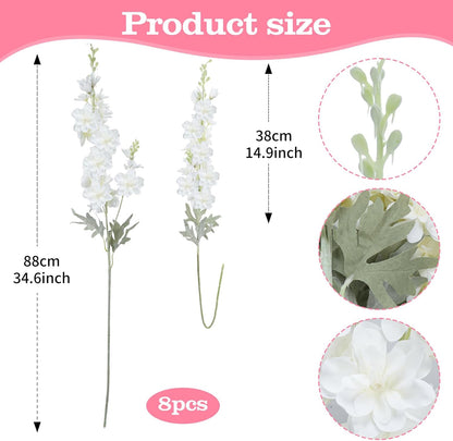 8PCS White Delphinium Artificial Flower Silk Larkspur Flowers 34.6'' Long Stem Plant Floral Silk Flowers Faux Bouquets for Tall Vase Floral Arrangements Floor Home Garden Outdoor Wedding Decor