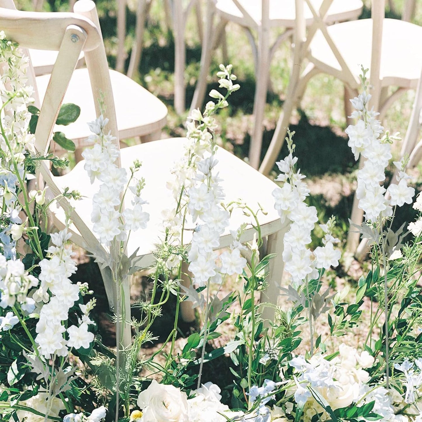 8PCS White Delphinium Artificial Flower Silk Larkspur Flowers 34.6'' Long Stem Plant Floral Silk Flowers Faux Bouquets for Tall Vase Floral Arrangements Floor Home Garden Outdoor Wedding Decor