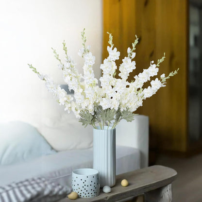 8PCS White Delphinium Artificial Flower Silk Larkspur Flowers 34.6'' Long Stem Plant Floral Silk Flowers Faux Bouquets for Tall Vase Floral Arrangements Floor Home Garden Outdoor Wedding Decor