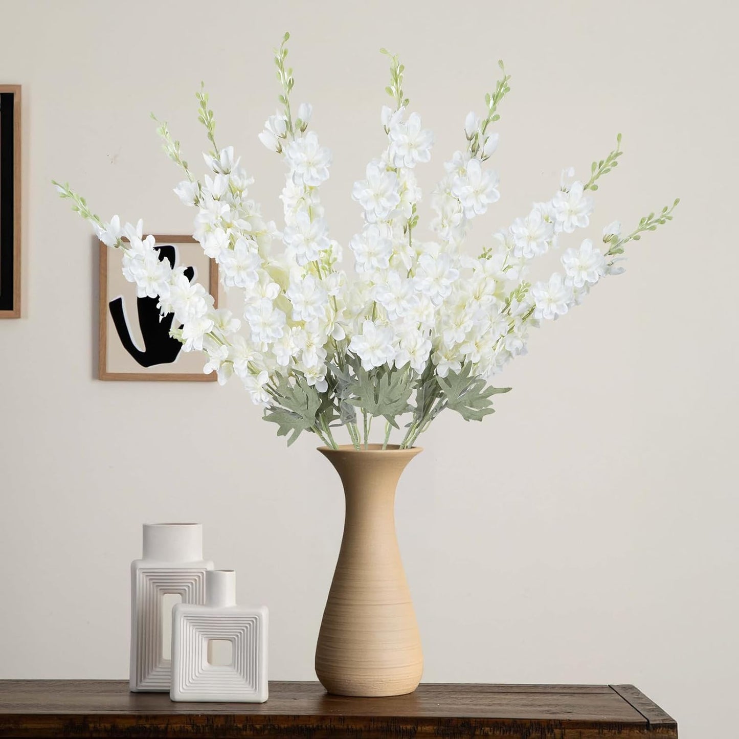8PCS White Delphinium Artificial Flower Silk Larkspur Flowers 34.6'' Long Stem Plant Floral Silk Flowers Faux Bouquets for Tall Vase Floral Arrangements Floor Home Garden Outdoor Wedding Decor