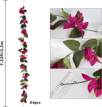 Artificial Bougainvillea Garland,4PCS 7.2ft/Piece Pink Flower Garland Faux Silk Bougainvillea Vines Artificial Decor for Wedding Arch Table Home Garden(Deep Pink)