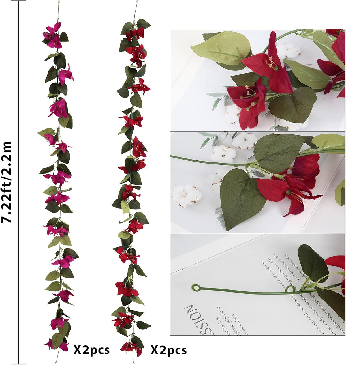 Artificial Bougainvillea Garland,4PCS 7.2ft/Piece Pink Flower Garland Faux Silk Bougainvillea Vines Artificial Decor for Wedding Arch Table Home Garden(Deep Pink)