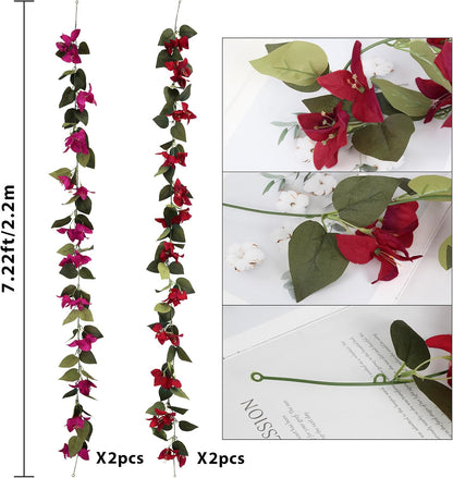 Artificial Bougainvillea Garland,4PCS 7.2ft/Piece Pink Flower Garland Faux Silk Bougainvillea Vines Artificial Decor for Wedding Arch Table Home Garden(Deep Pink)