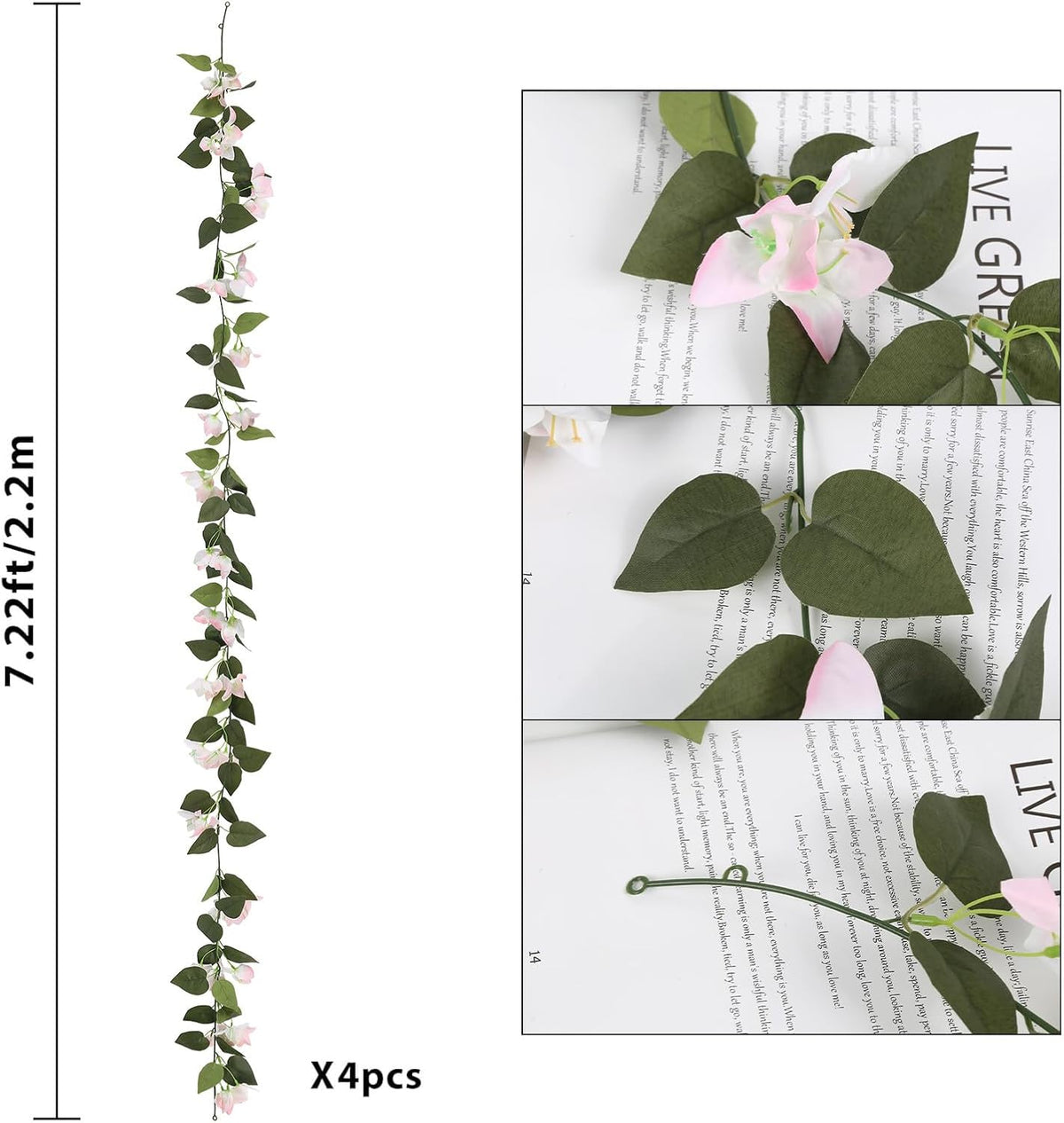 Artificial Bougainvillea Garland,4PCS 7.2ft/Piece Pink Flower Garland Faux Silk Bougainvillea Vines Artificial Decor for Wedding Arch Table Home Garden(Deep Pink)
